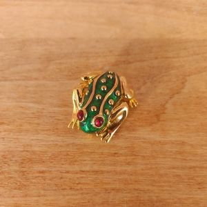 Carolee Gold Toned & Green Enamel Red Eyed Frog Brooch Pin, Vintage